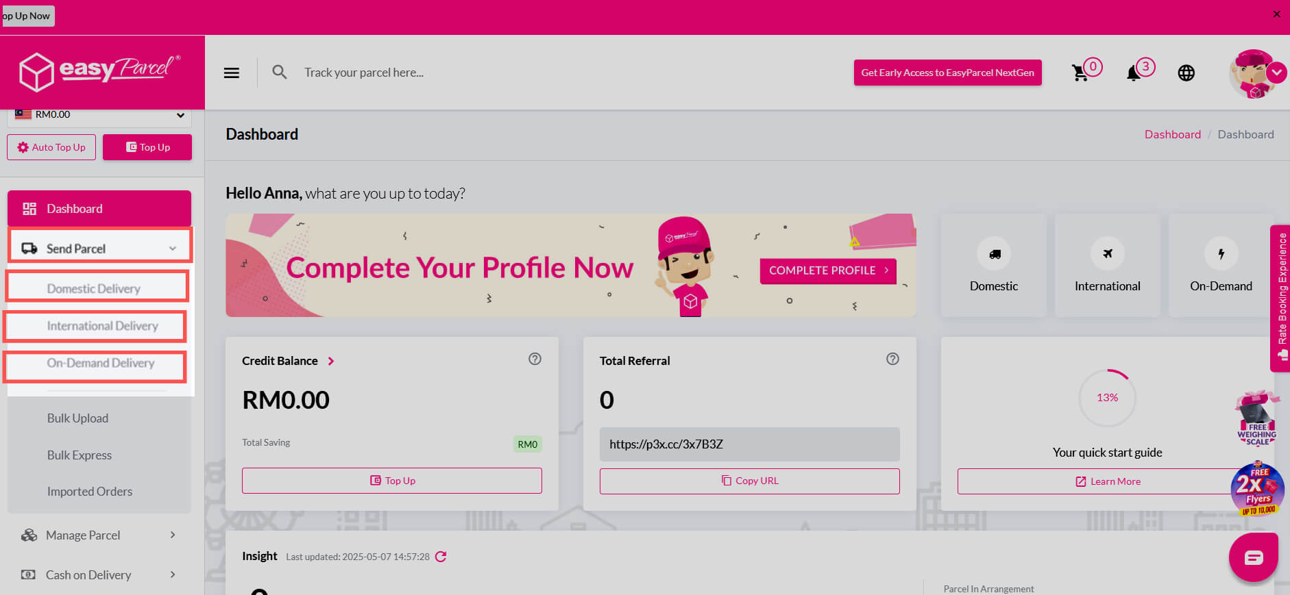 Go to “Send Parcel” and click where you want to send (Domestic, International or On-demand delivery)!