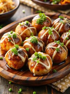 Takoyaki are small and round snacks made from a soft batter with pieces of octopus inside