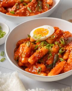 Tteokbokki is a soft and chewy rice cake cooked in a spicy gochujang (Korean chili paste) sauce