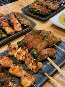 Yakitori are bite-sized pieces of grilled chicken.