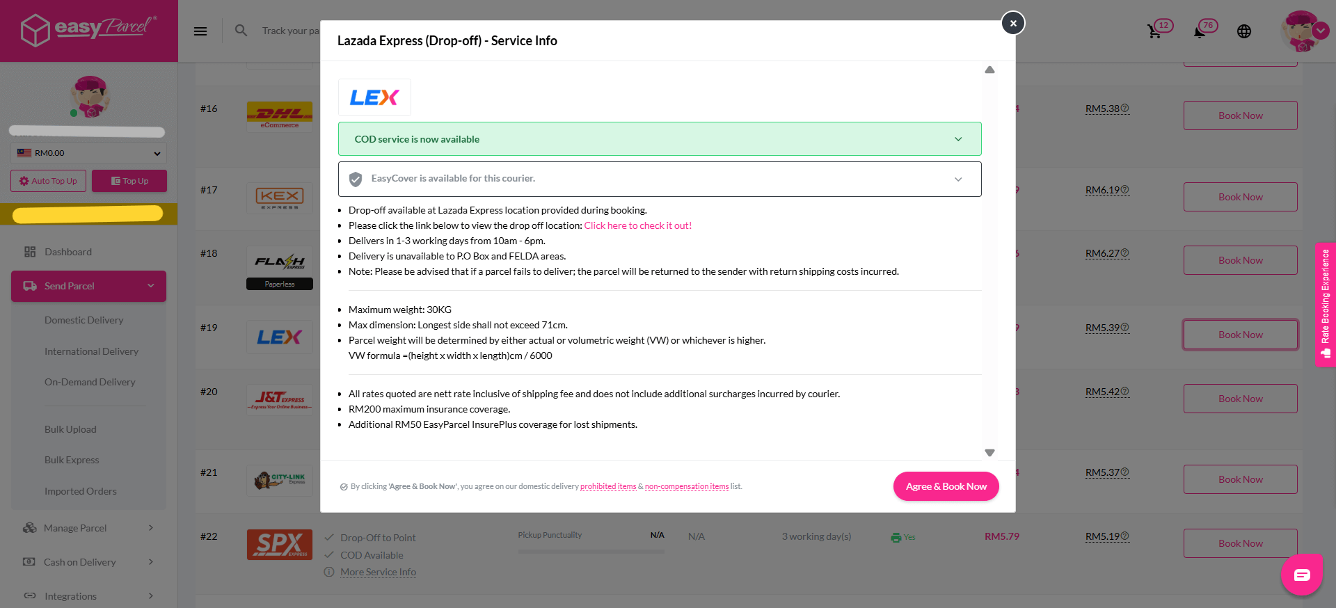 Read the Lazada Express service info courier details