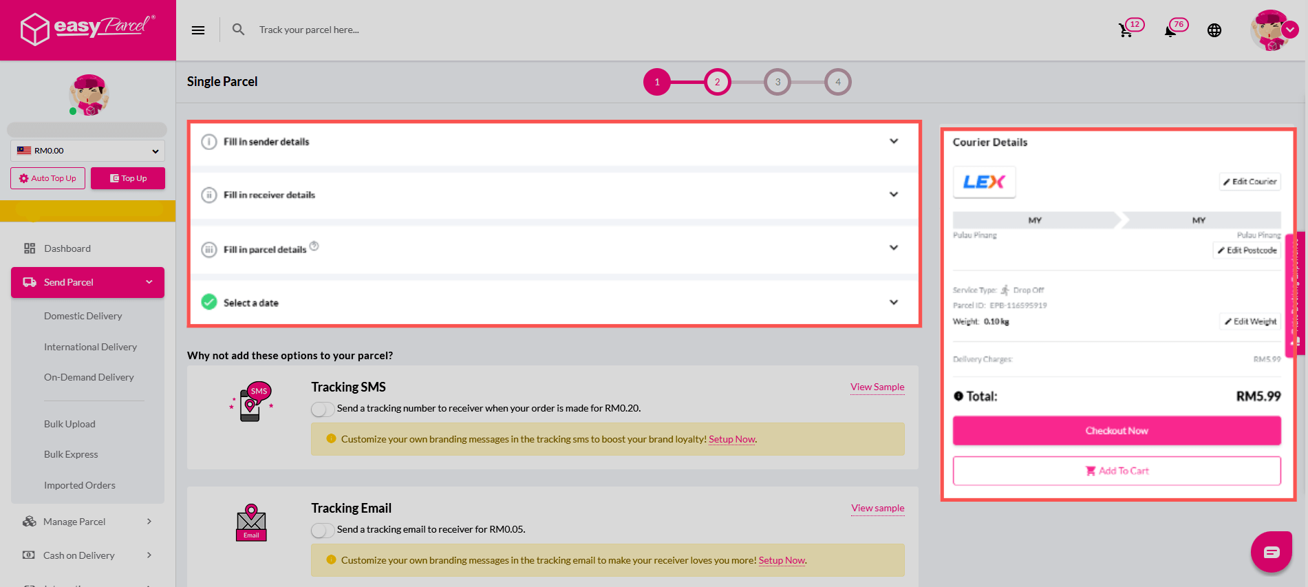 Fill in all details and check out to payment for LEX courier