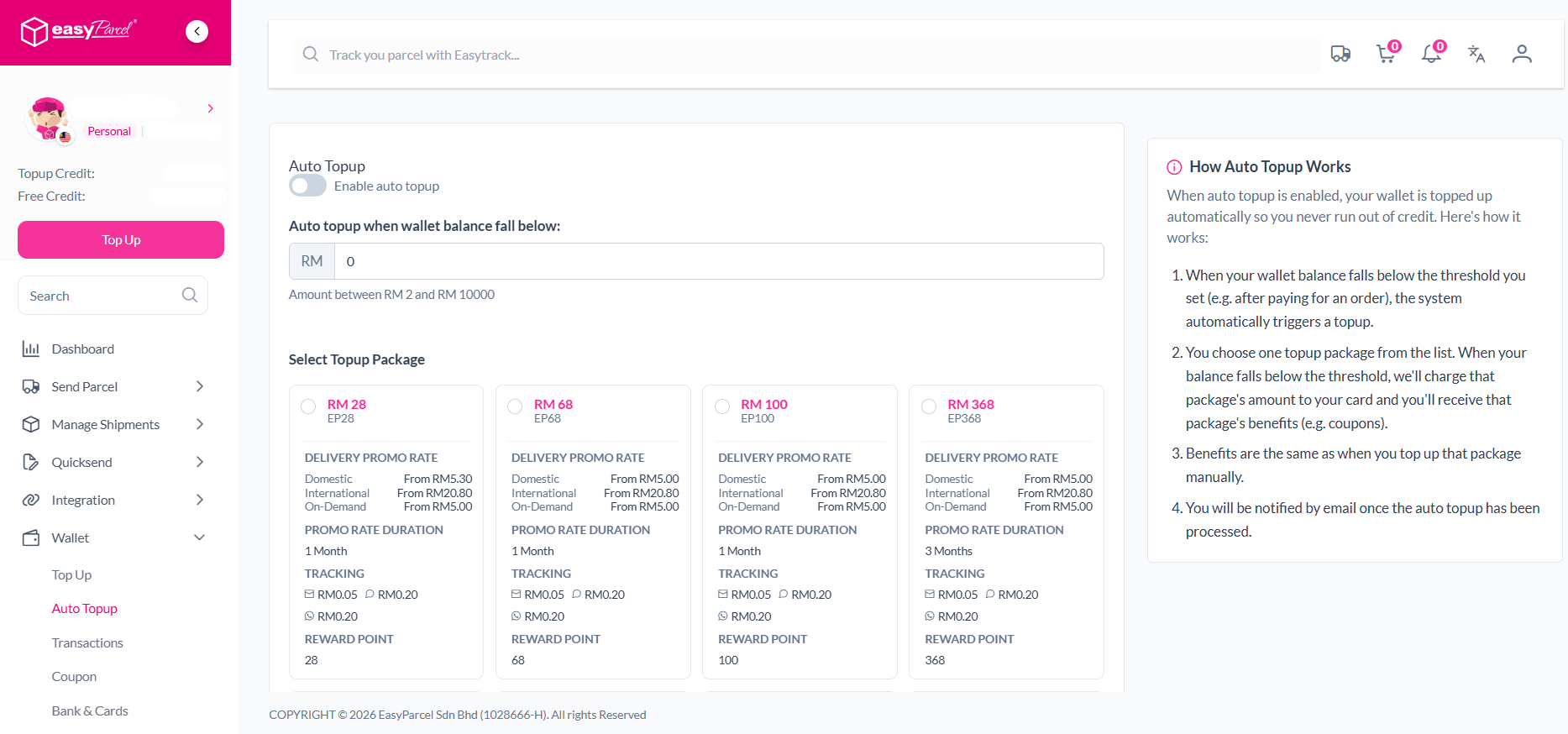 Auto Topup on EasyParcel