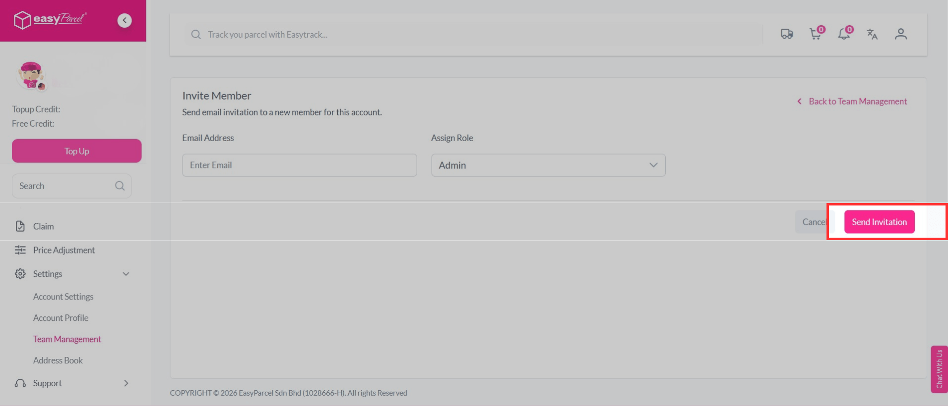 Team management -Send invitation