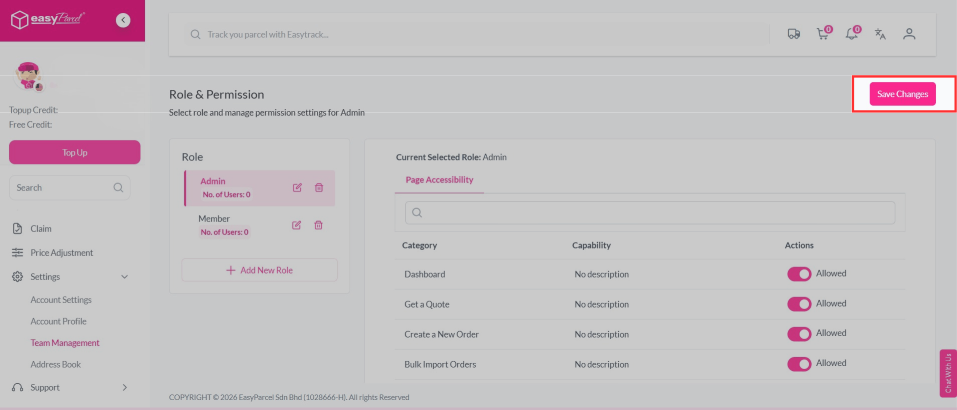 Set permission and save change