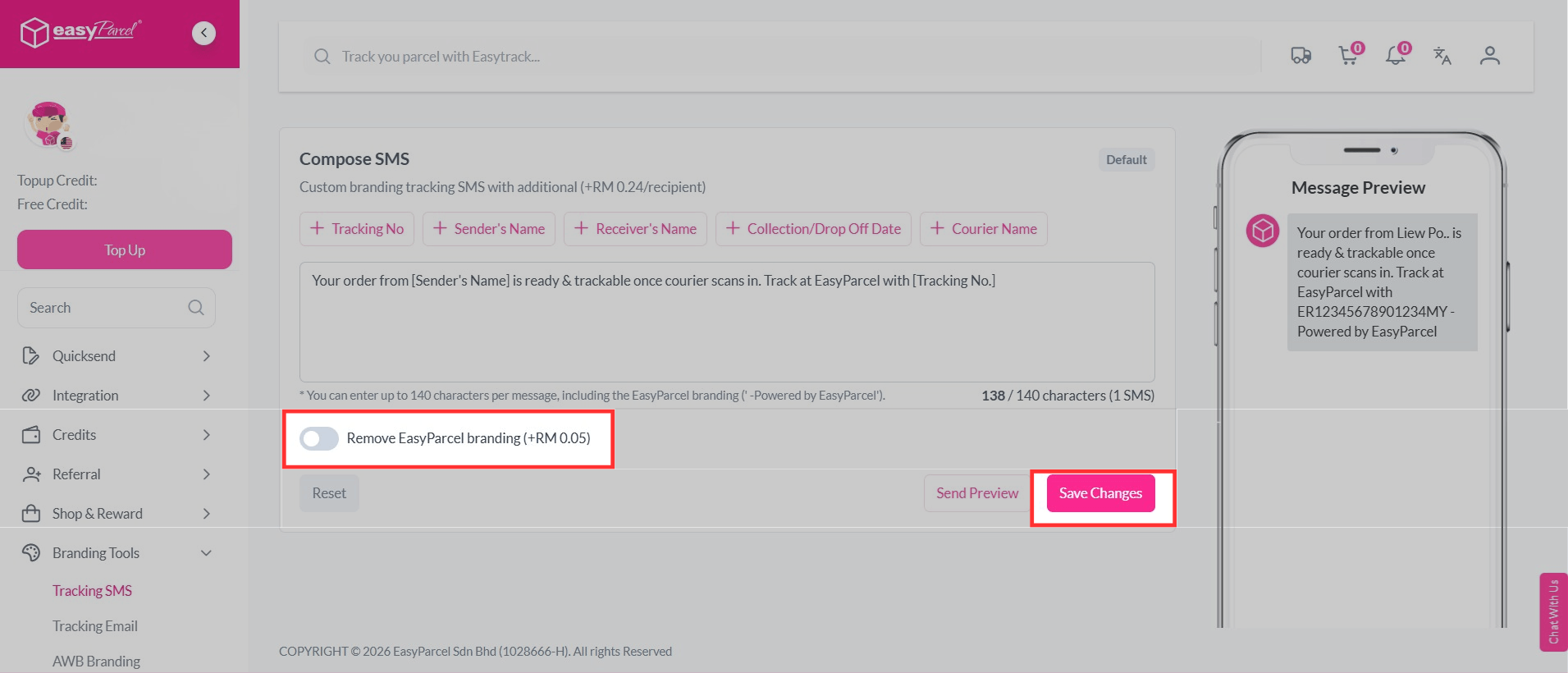 remove EasyParcel branding or save changes