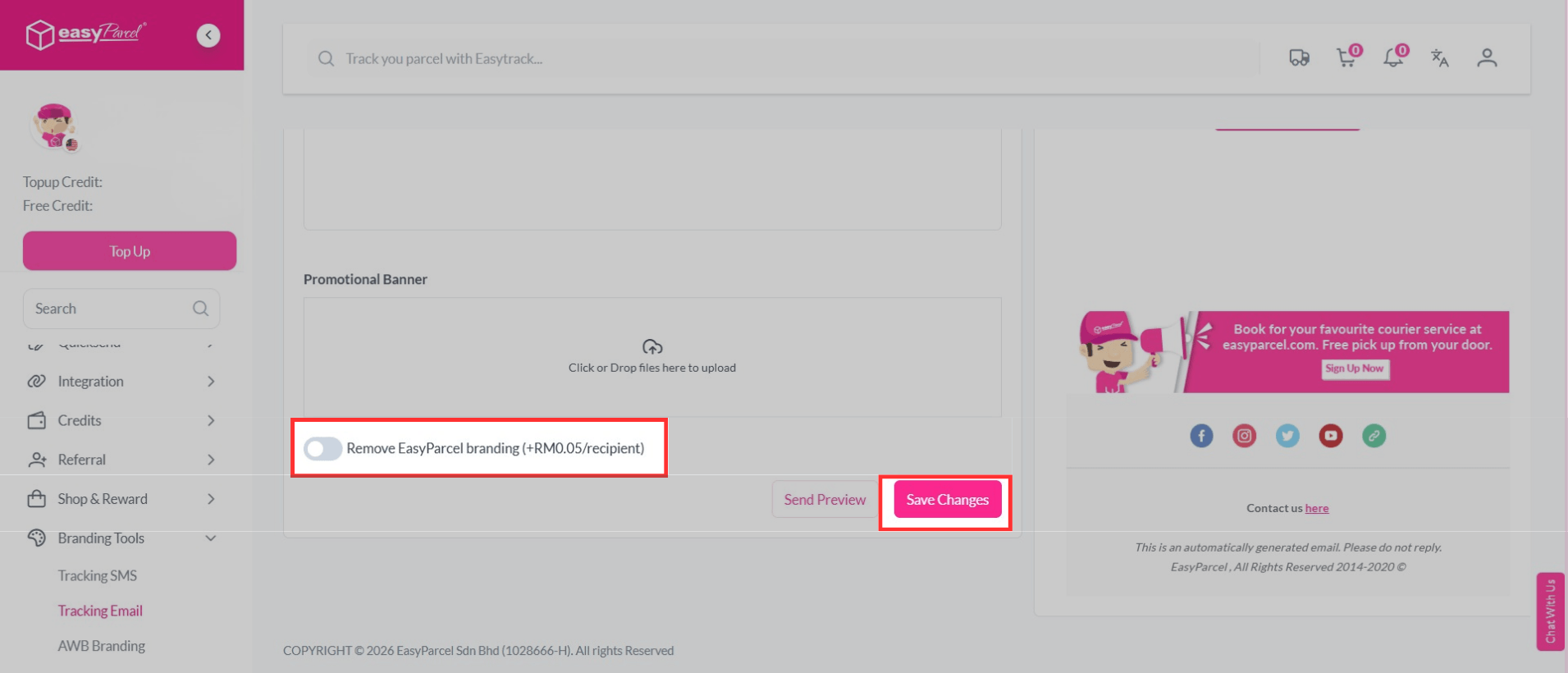 remove EasyParcel branding or save changes - Custom Tracking Email