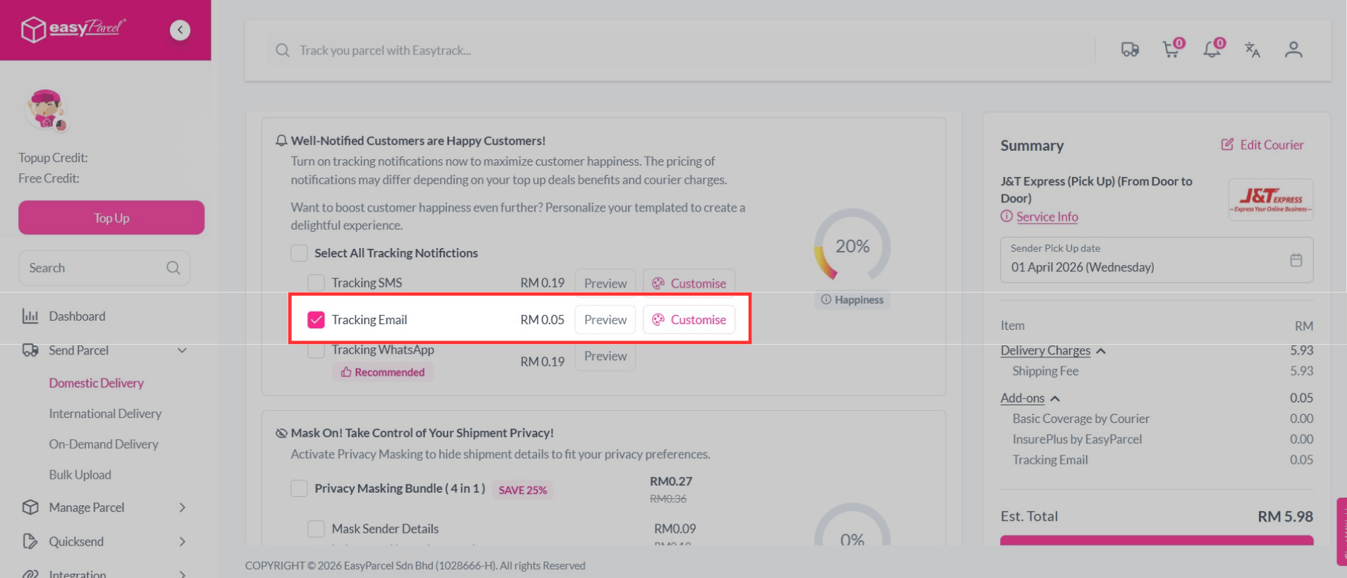 Turn on tracking email