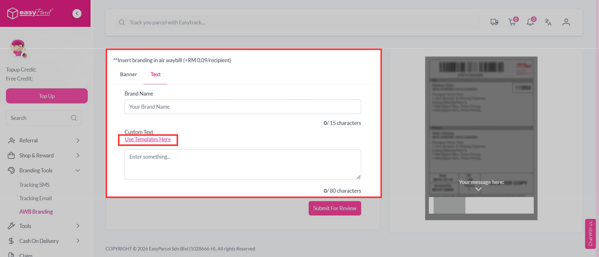 Text for air waybill branding