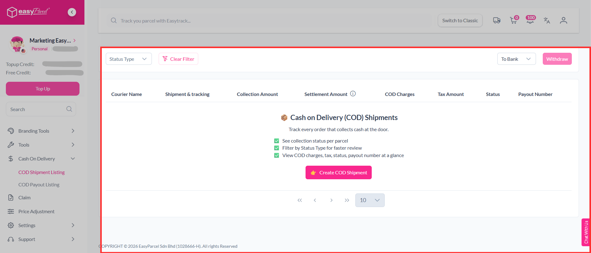COD Shipment Lisiting