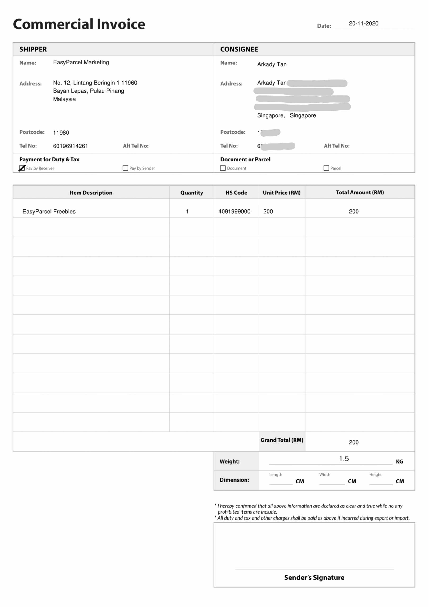 Commercial Invoice for oversea delivery/ international courier