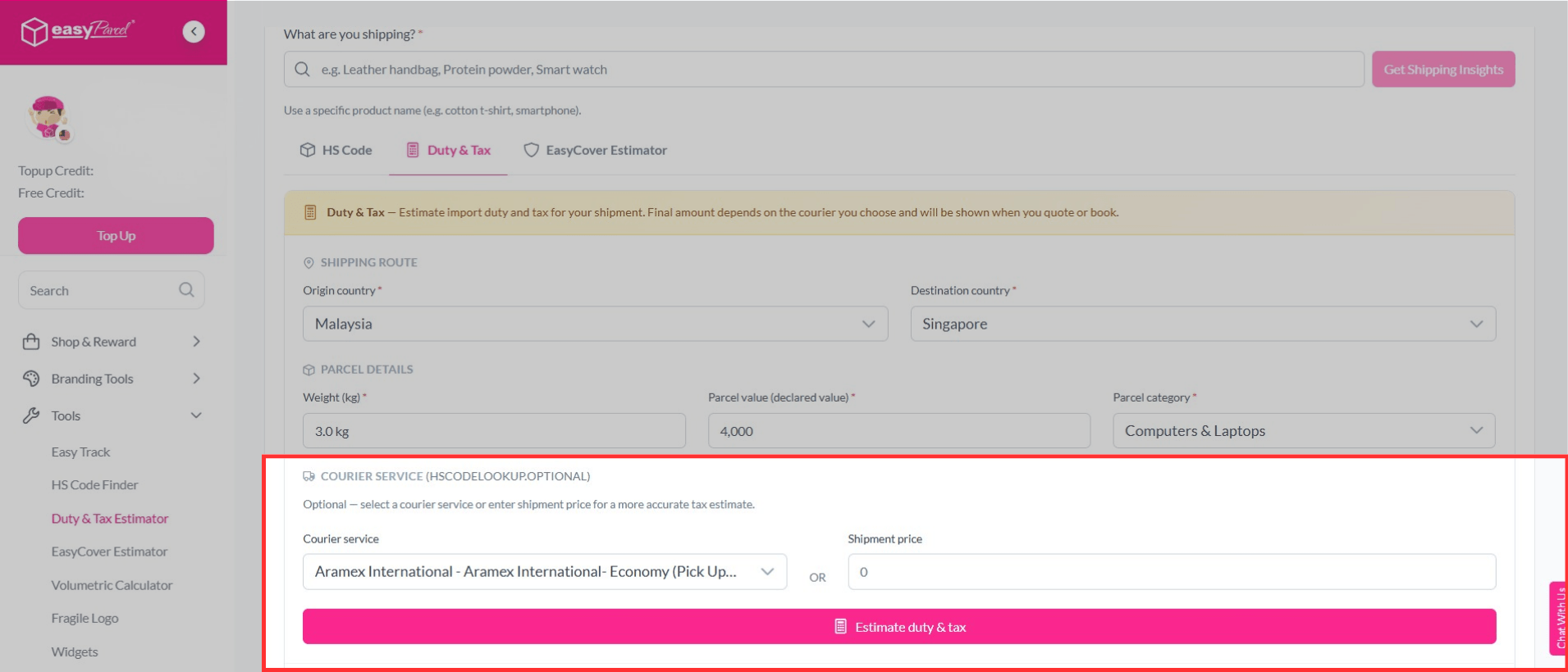 Courier service or shipment price