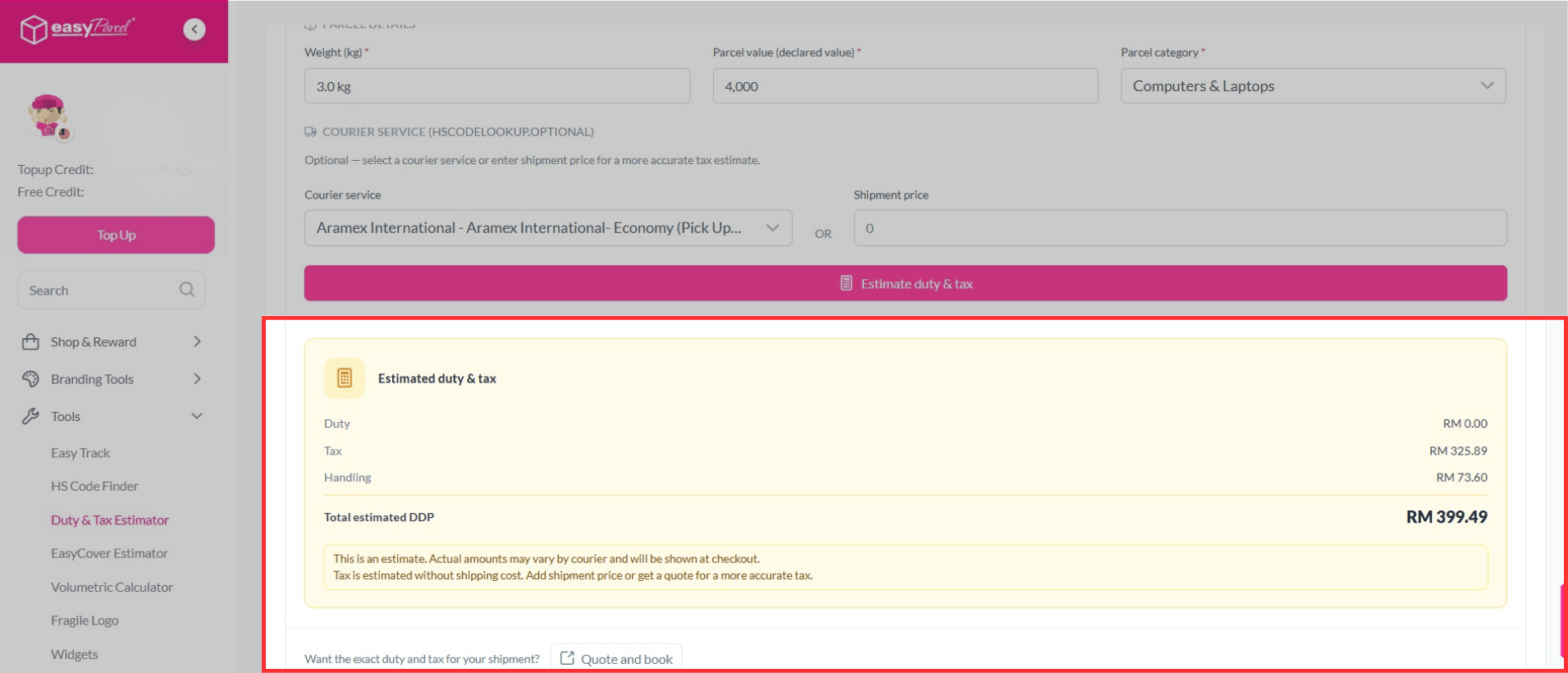 Duty & Tax Estimator