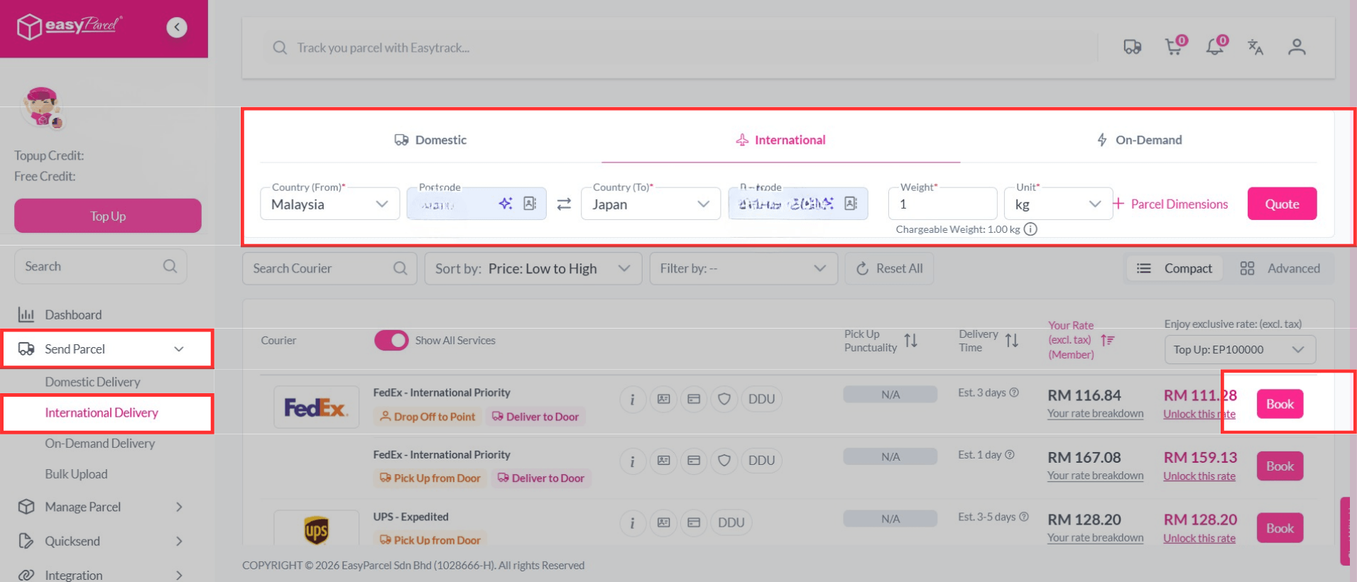 Book and send international parcel