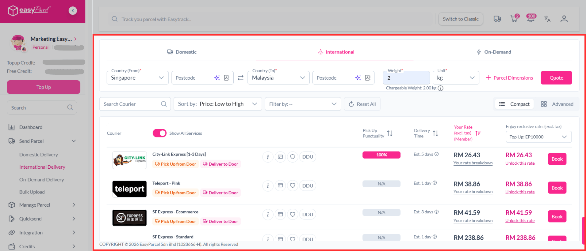 compare shipping postage to Malaysia
