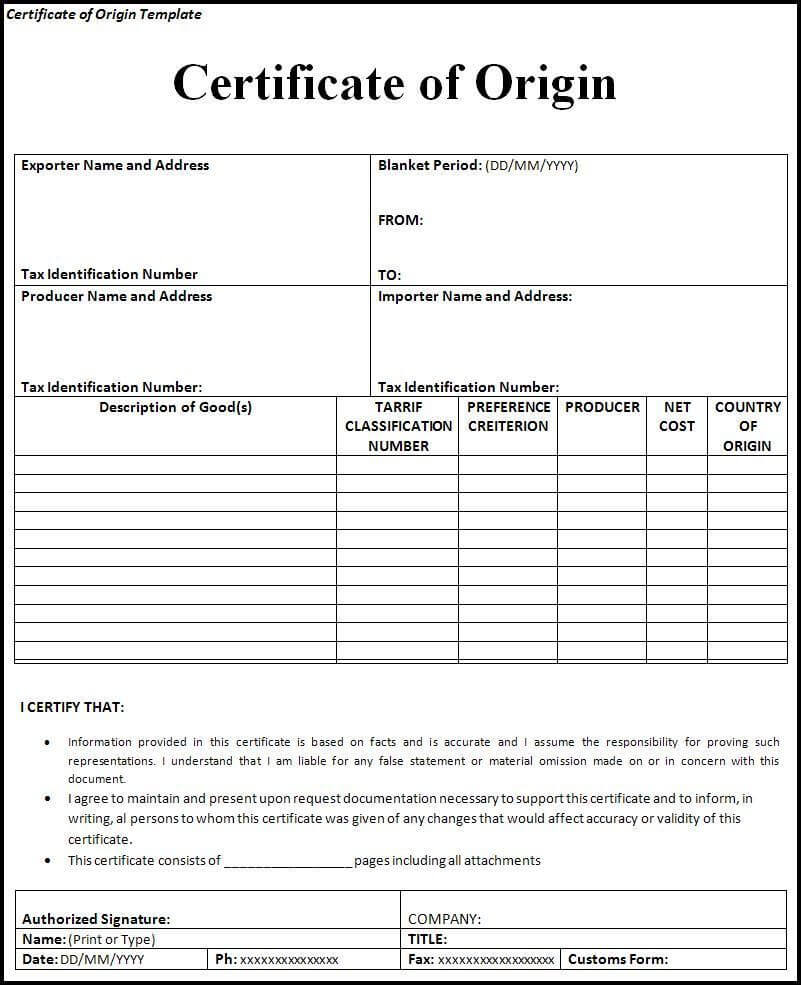 Certificate of Origin