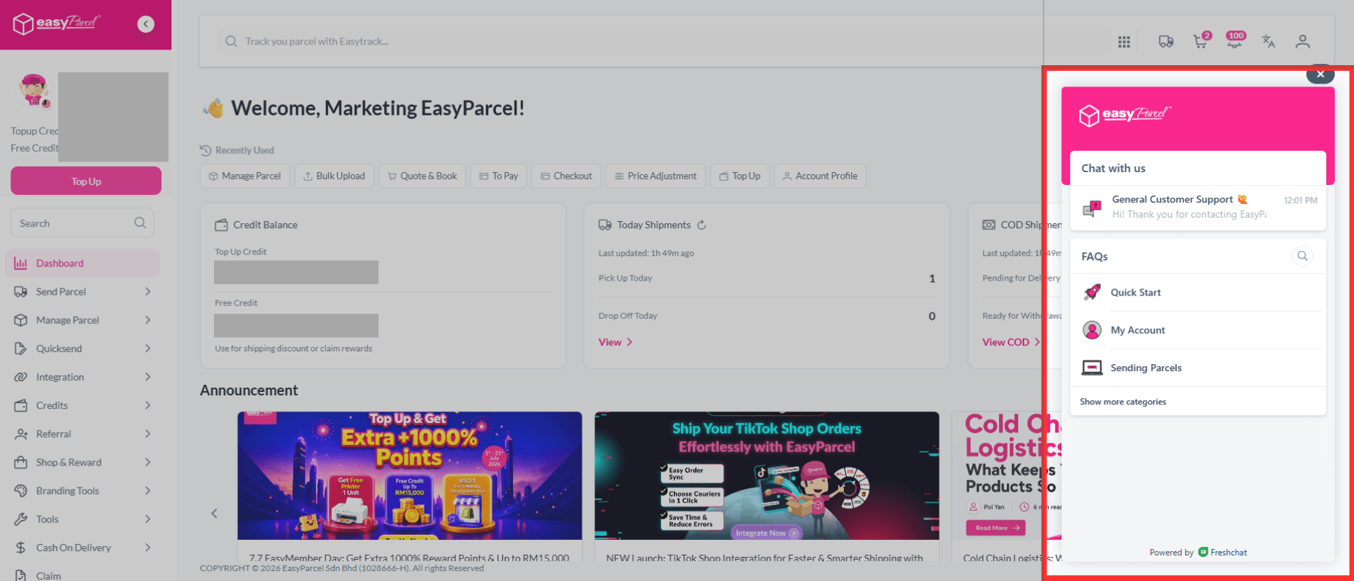 Live Chat Support on EasyParcel