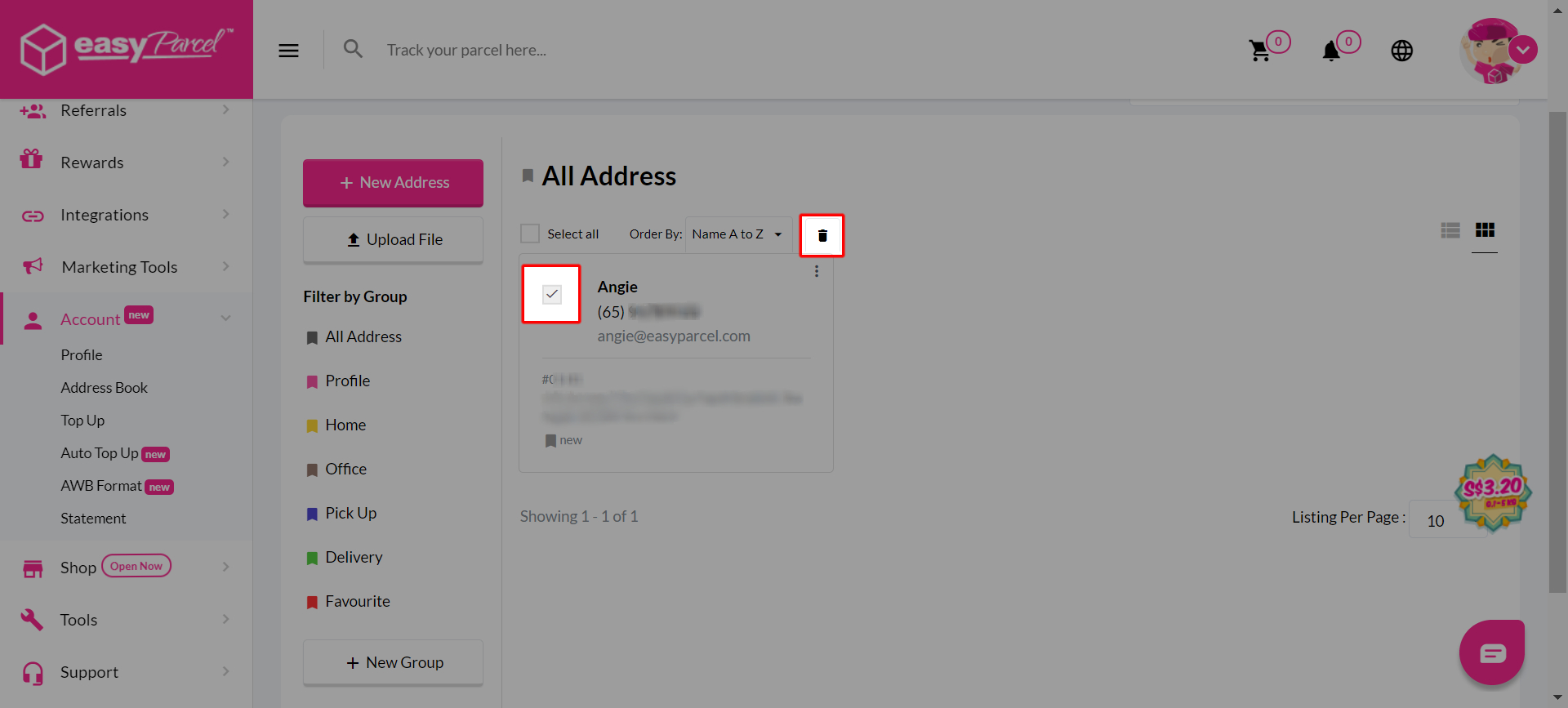 EasyParcel Delete Address Book Step 2