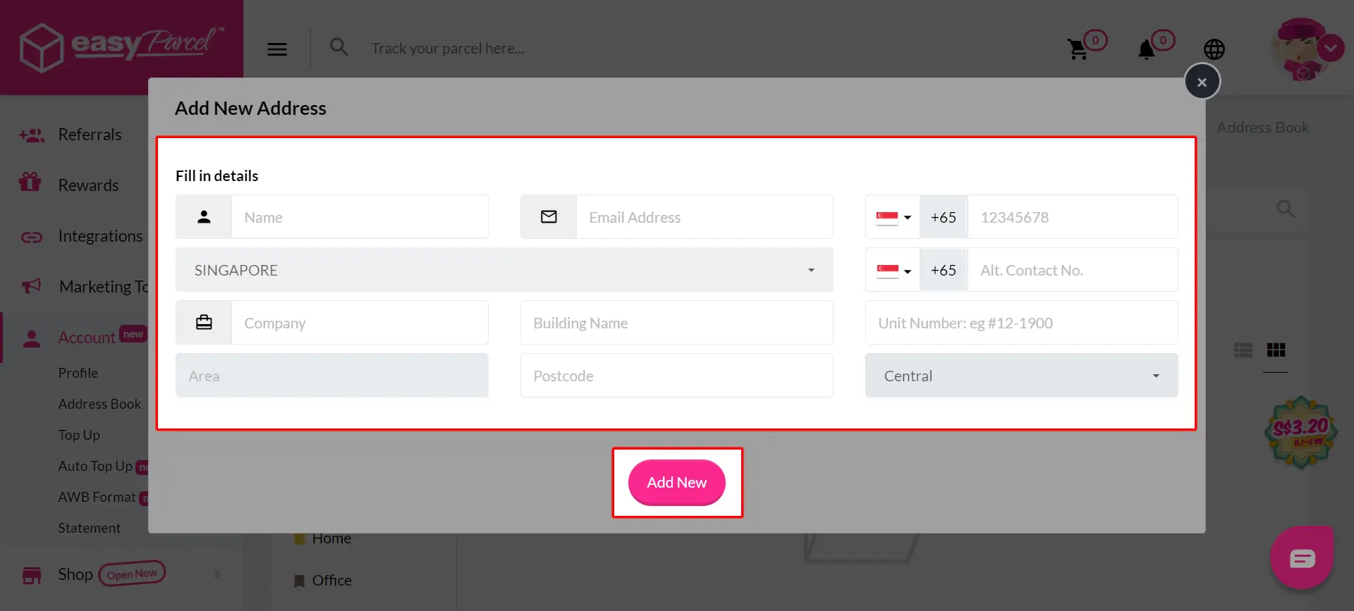 EasyParcel Address Book Fill In Details