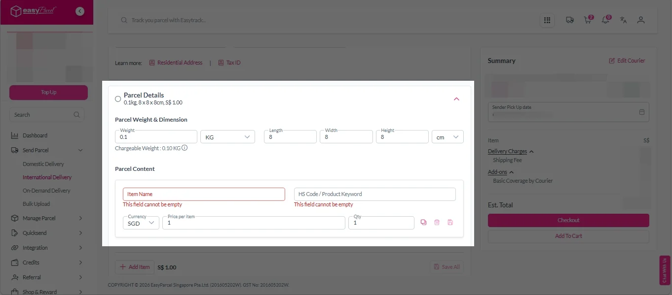 International- Parcel Details