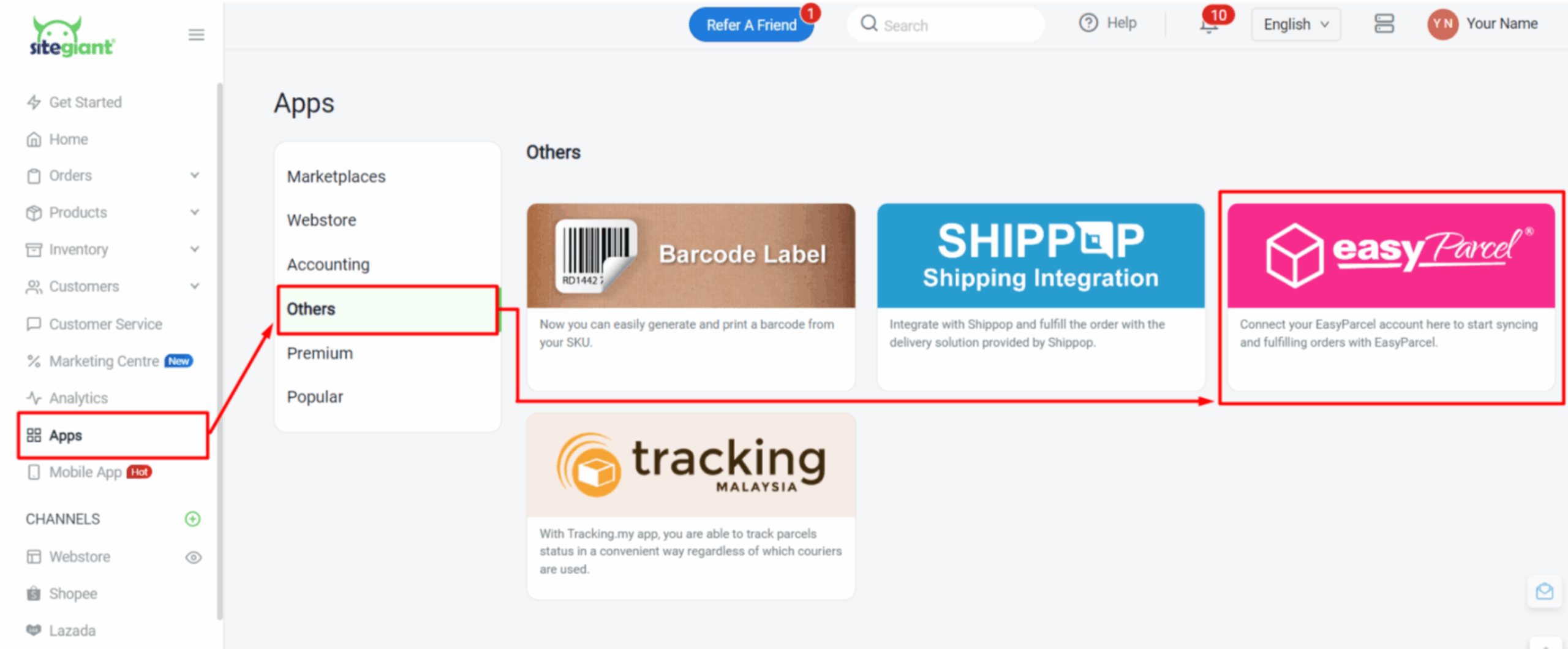 Install EasyParcel App in SiteGiant