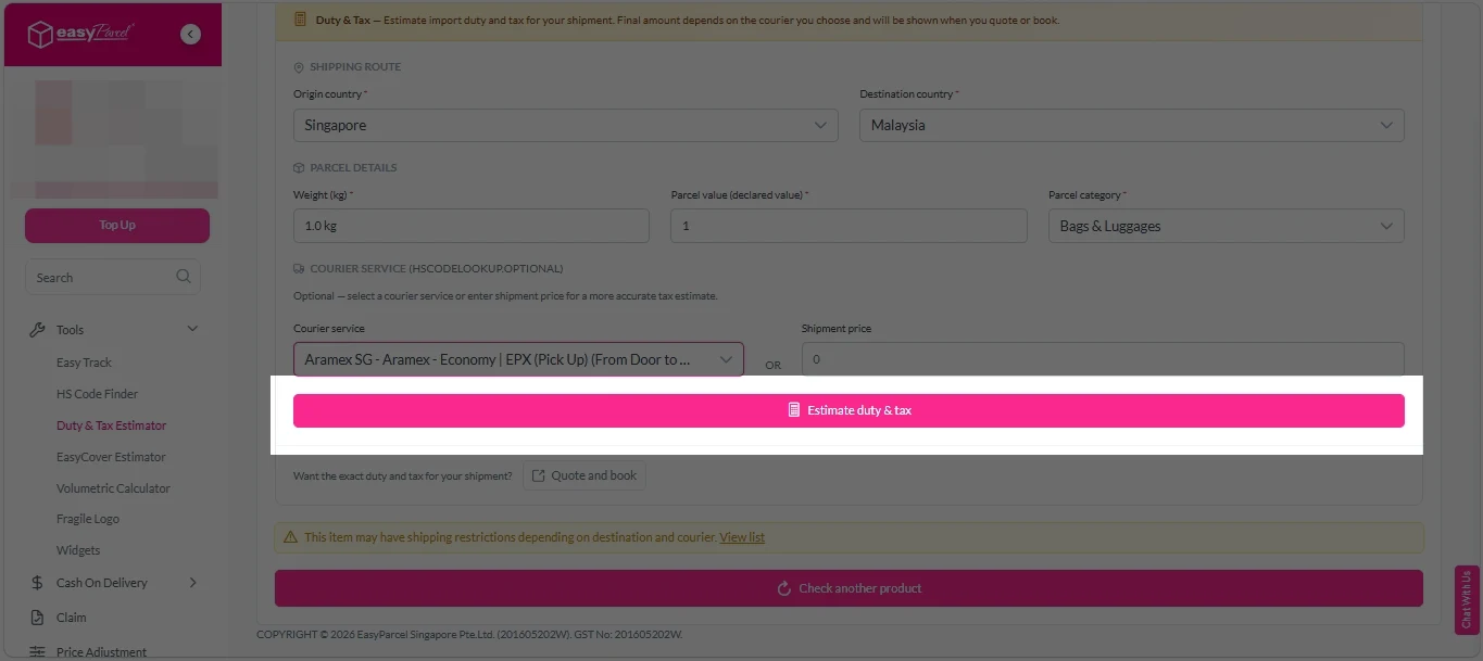 Duty and Tax Estimator 6