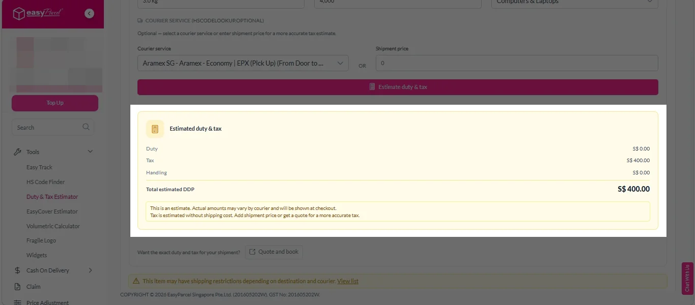Duty and Tax Estimator 7